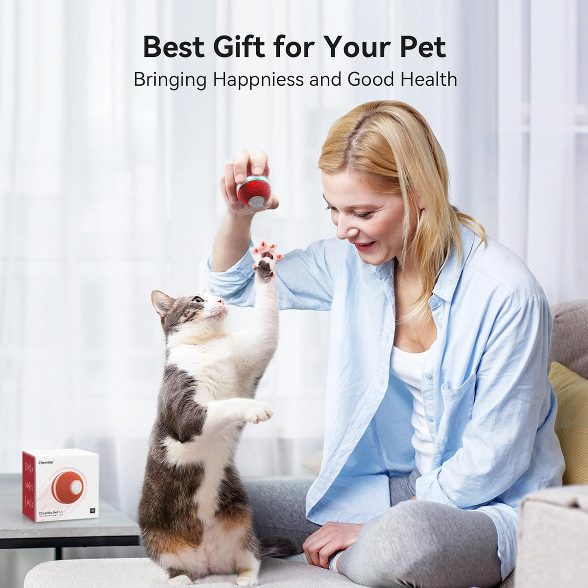 Interactive Cat Ball Toy, Automatic Moving Ball Toy for Indoor Cat Kitten, Electric Pet Toy Fun Gift with Light