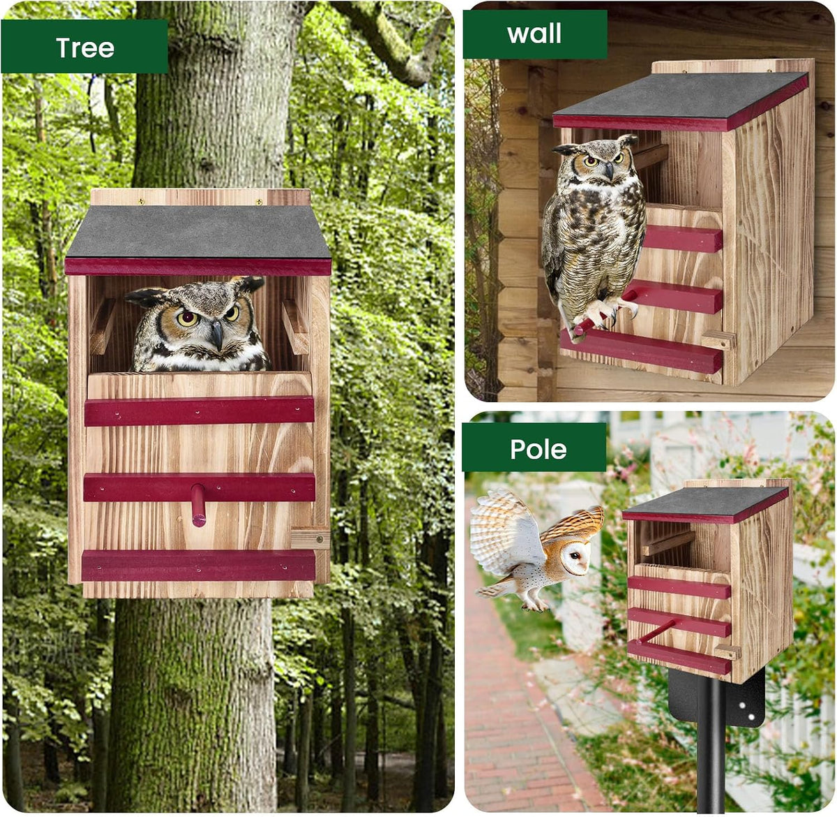 Wood Owl House, Waterproof Owl Nesting Box, Bird Houses for outside with Mounting Screws, Wooden Opening Owls Box for Barn, Screech Owls, Backyard Birding Supplies (Red, 8.5 X 7.4 X 13IN)