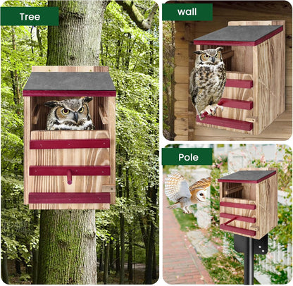 Wood Owl House, Waterproof Owl Nesting Box, Bird Houses for outside with Mounting Screws, Wooden Opening Owls Box for Barn, Screech Owls, Backyard Birding Supplies (Red, 8.5 X 7.4 X 13IN)