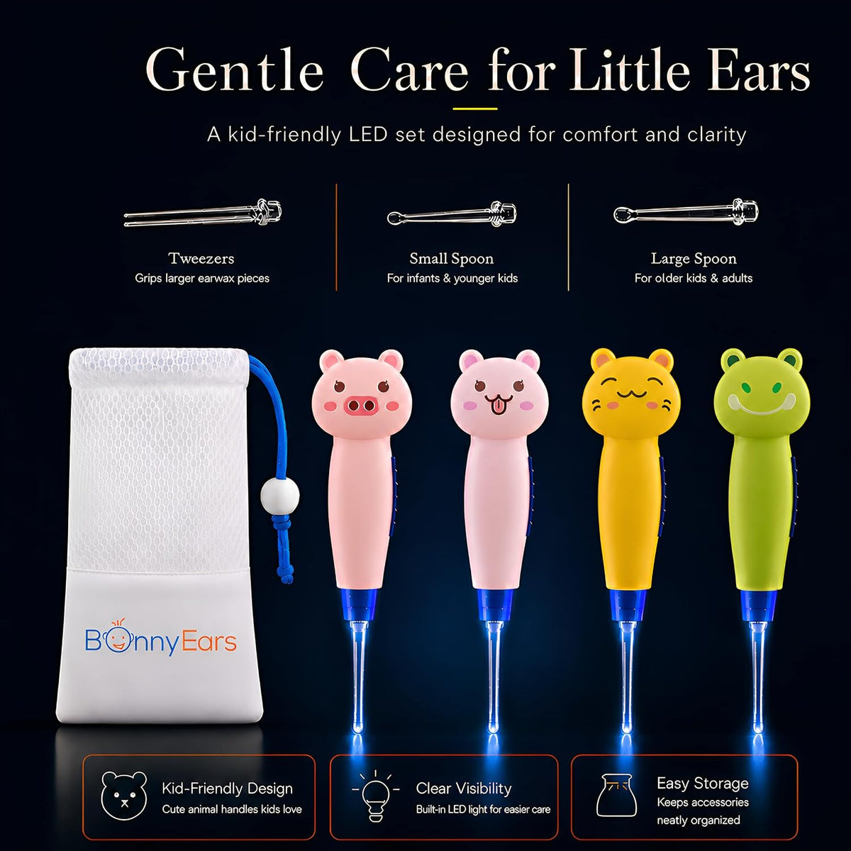 Ear Wax Removal Tool with Led Light for Kids - Toddlers, Infants, Baby and Adult by Bonnyears | Stainless Steel Earwax Remover Kit | Ear Pick Spoon Curette Tweezers Cleaning