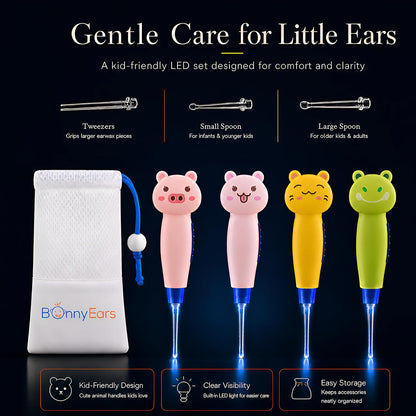Ear Wax Removal Tool with Led Light for Kids - Toddlers, Infants, Baby and Adult by Bonnyears | Stainless Steel Earwax Remover Kit | Ear Pick Spoon Curette Tweezers Cleaning