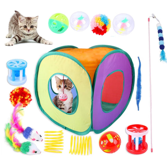 15PCS Cat Toys Kitten Toys Combination Tunnel Interactive Cat Toys Cat Tunnel Tease Cat Stick Colorful Mouse Plush Ball Bell Ball for Cats