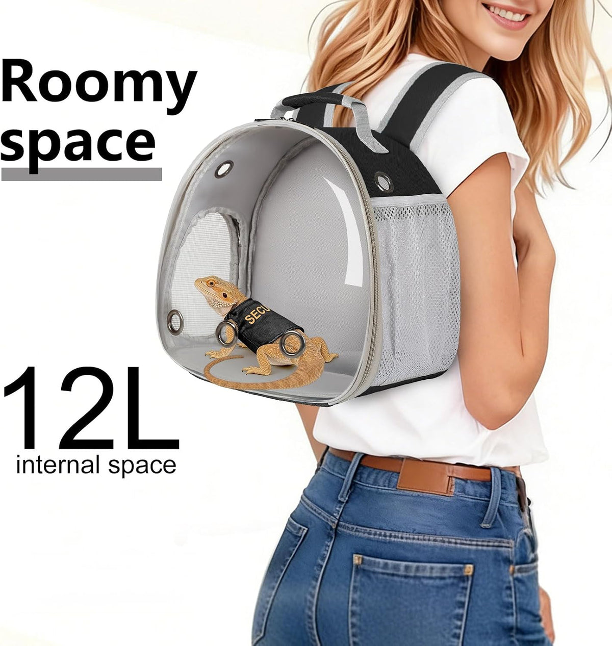 Bearded Dragon Carrier Backpack with Security Printing Harness Leash Set, Reptile Lizard Space Capsule Astronaut Clear Bubble Window Travel Carrier for Small Animal Guinea Pig(Black, Security Harness)