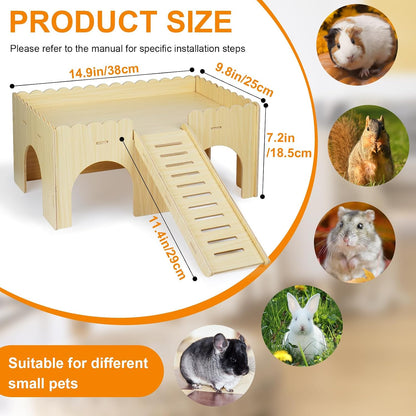 Large Guinea Pig Hideout, Upgraded Wooden Guinea Pig Castle with Guinea Pig Ramp, Easy to Assemble Guinea Pig House for Small Animal House Habitat or Hamster Hideout/Rabbit Hideout
