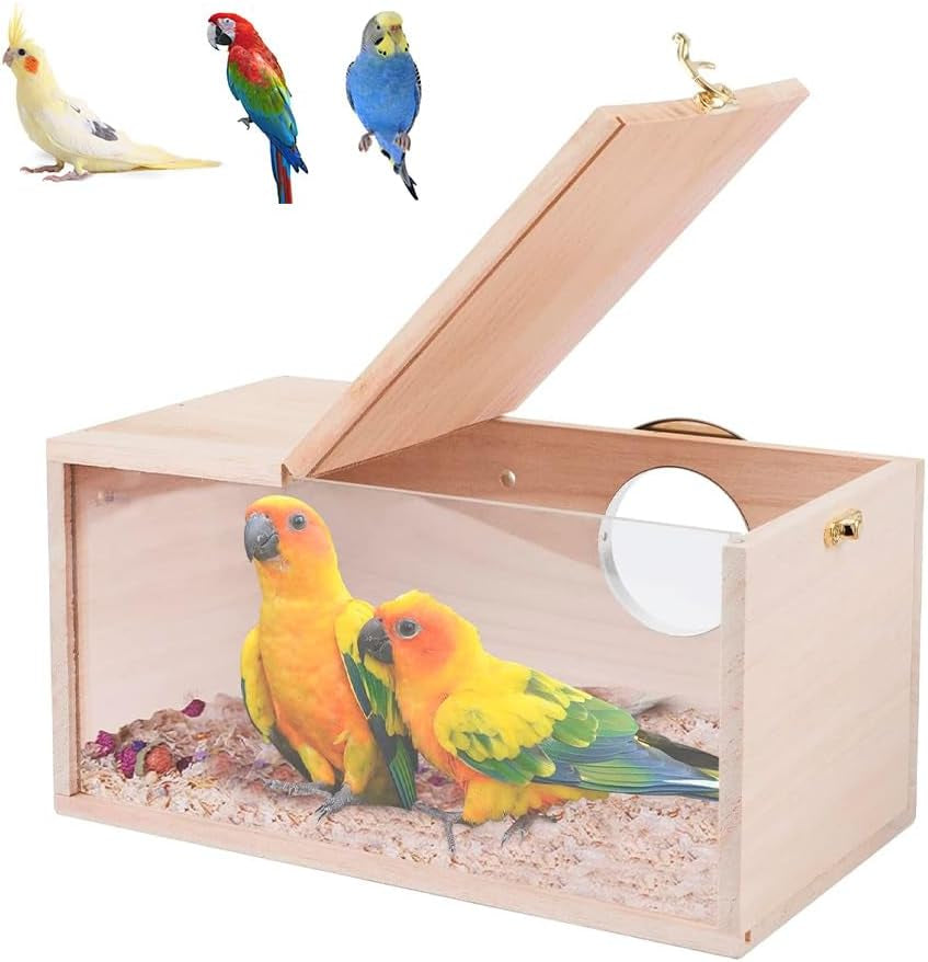 Natural Wood Nesting Box for Parakeet Birds Transparent Design Breeding Box with Perch Wood Bird Cage House for Cockatiel Lovebirds Budgie Finch Parrotlets Canary (Large)