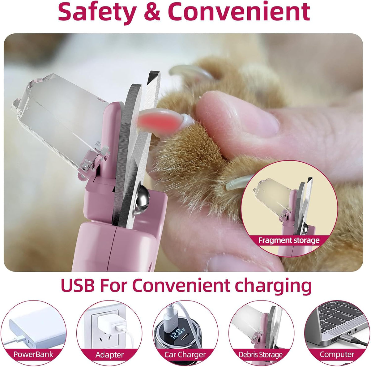 2 in 1 Dog & Cat Pets Nail Clippers and Grinder with Lights - Safety Guard to Avoid Overcutting,Professional Pet Nail Claw Trimmers, Professional Grooming Tools for Pets (Medium & Small Pet)，Pink