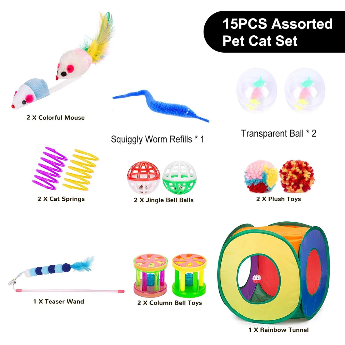 15PCS Cat Toys Kitten Toys Combination Tunnel Interactive Cat Toys Cat Tunnel Tease Cat Stick Colorful Mouse Plush Ball Bell Ball for Cats