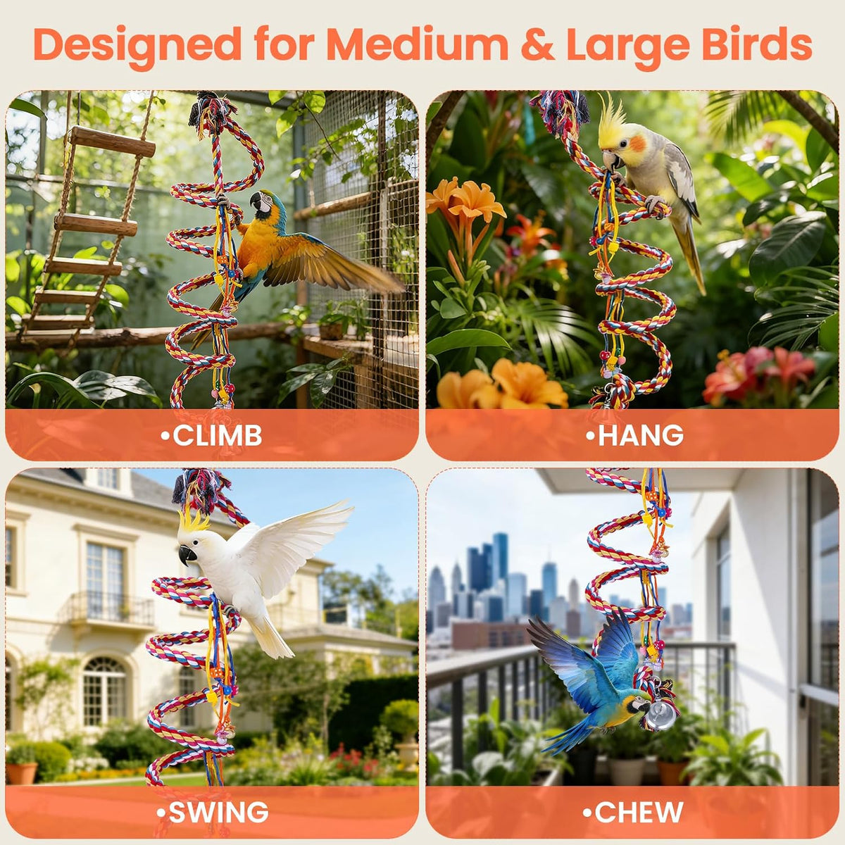 110" Ultra Long Bird Rope Perch Toys for Macaws. Heavy Duty Climbing Swing