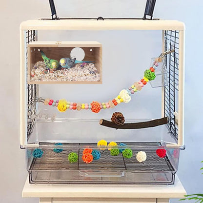 Natural Wood Nesting Box for Parakeet Birds Transparent Design Breeding Box with Perch Wood Bird Cage House for Cockatiel Lovebirds Budgie Finch Parrotlets Canary (Large)