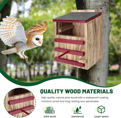 Wood Owl House, Waterproof Owl Nesting Box, Bird Houses for outside with Mounting Screws, Wooden Opening Owls Box for Barn, Screech Owls, Backyard Birding Supplies (Red, 8.5 X 7.4 X 13IN)