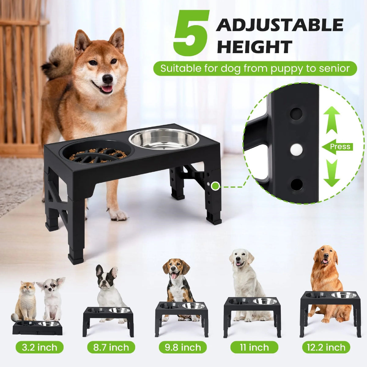 Elevated Dog Bowls - 5 Adjustable Heights Stand, 2 Stainless Steel Bowls & 1 Slow Feeder, 3.2" to 12.2" for Small to Large Dogs, Black