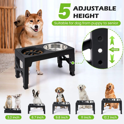 Elevated Dog Bowls - 5 Adjustable Heights Stand, 2 Stainless Steel Bowls & 1 Slow Feeder, 3.2" to 12.2" for Small to Large Dogs, Black