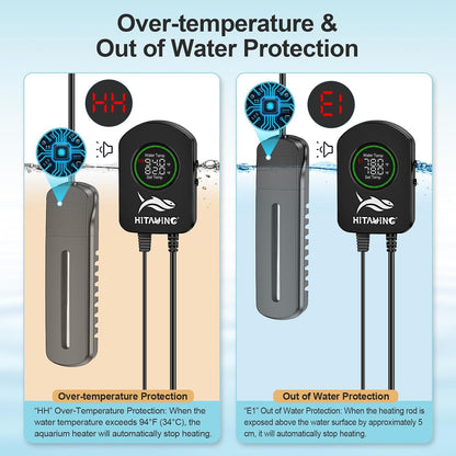 Aquarium Heater, 100W/200W/300W/500W Fish Tank Heater with Upgraded LED Large Display, Up/Down Control Buttons and Intelligent Leaving Water Automatic Power-Off for Saltwater and Freshwater