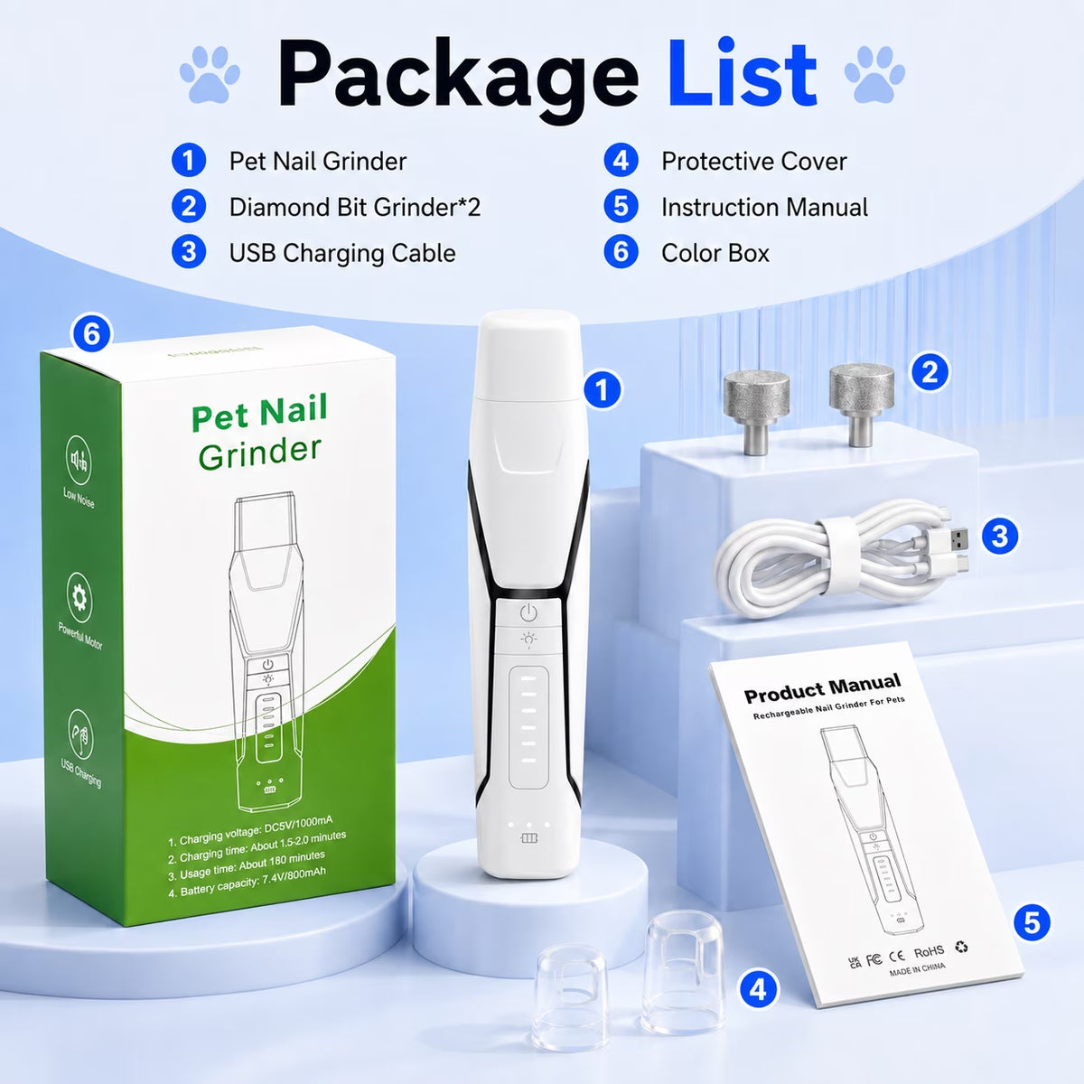 Dog Nail Grinder, 360° LED Light, 6-Speed, Quiet Electric Pet Nail Trimmer with 4 Grinding Ports for Small, Medium and Large Dogs & Cats