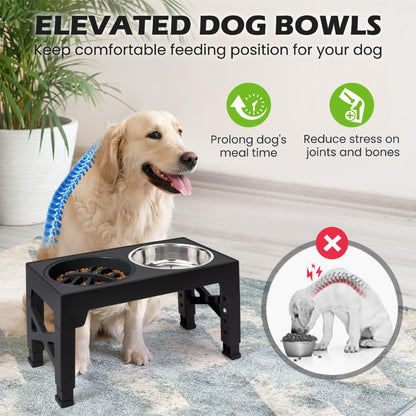 Elevated Dog Bowls - 5 Adjustable Heights Stand, 2 Stainless Steel Bowls & 1 Slow Feeder, 3.2" to 12.2" for Small to Large Dogs, Black