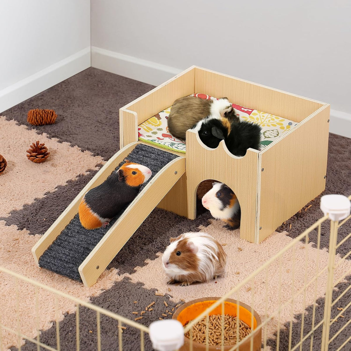 Upgraded Sturdy Wooden Guinea Pig Castle with Stairs & Mat