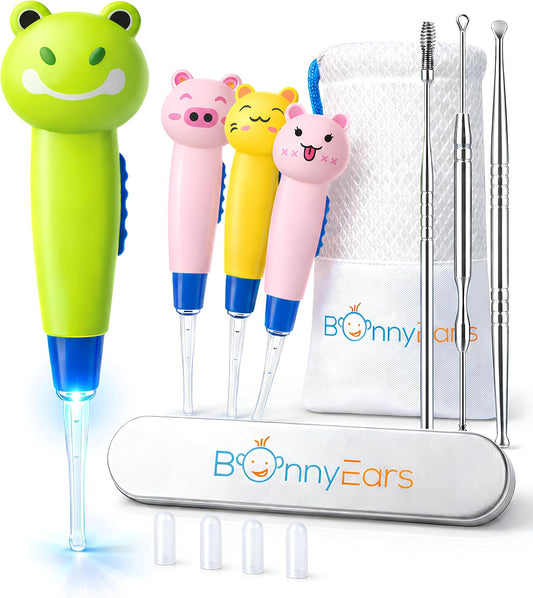 Ear Wax Removal Tool with Led Light for Kids - Toddlers, Infants, Baby and Adult by Bonnyears | Stainless Steel Earwax Remover Kit | Ear Pick Spoon Curette Tweezers Cleaning