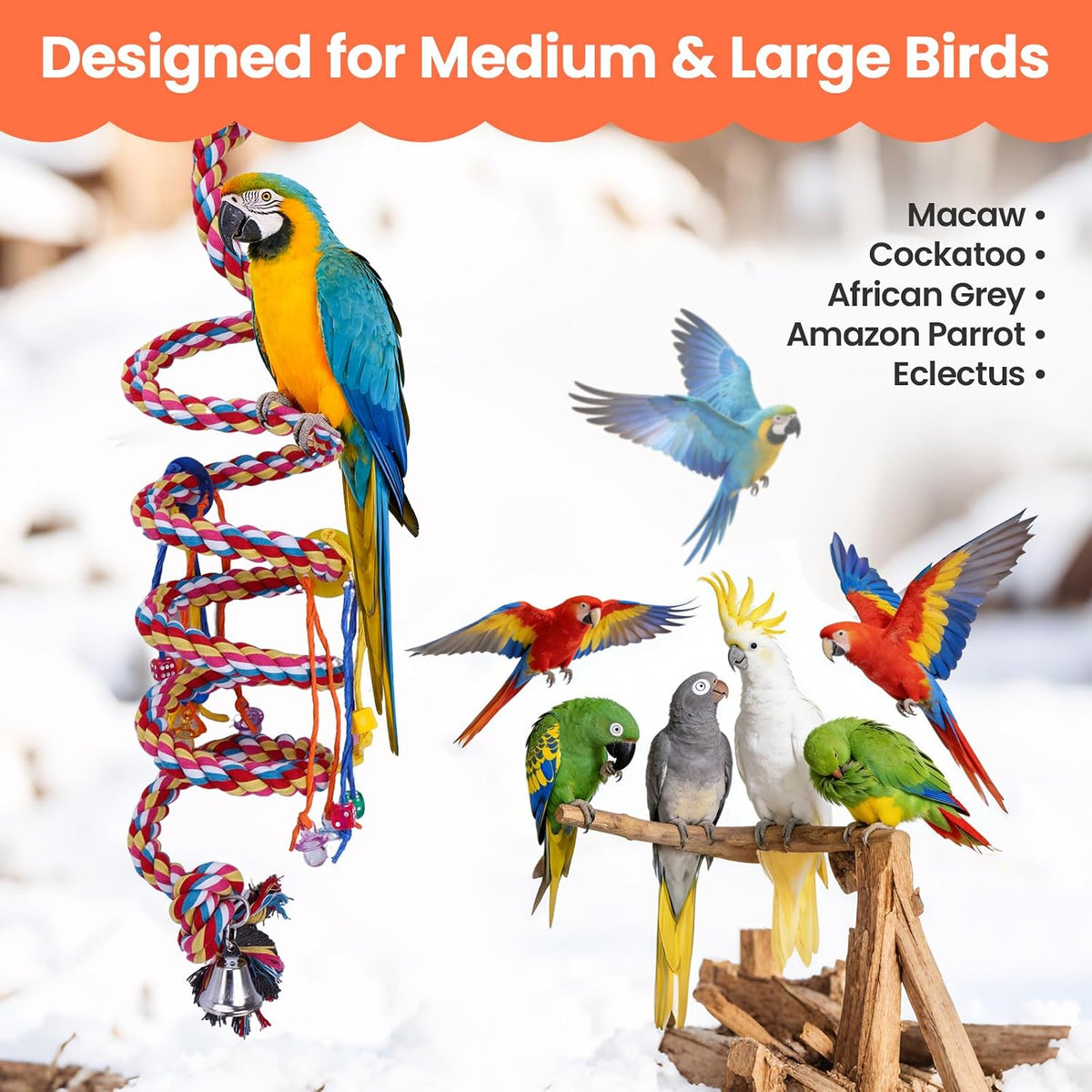 110" Ultra Long Bird Rope Perch Toys for Macaws. Heavy Duty Climbing Swing