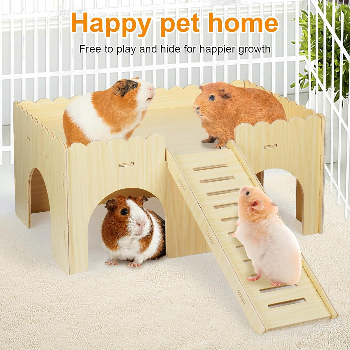 Large Guinea Pig Hideout, Upgraded Wooden Guinea Pig Castle with Guinea Pig Ramp, Easy to Assemble Guinea Pig House for Small Animal House Habitat or Hamster Hideout/Rabbit Hideout