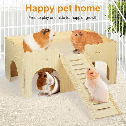 Large Guinea Pig Hideout, Upgraded Wooden Guinea Pig Castle with Guinea Pig Ramp, Easy to Assemble Guinea Pig House for Small Animal House Habitat or Hamster Hideout/Rabbit Hideout