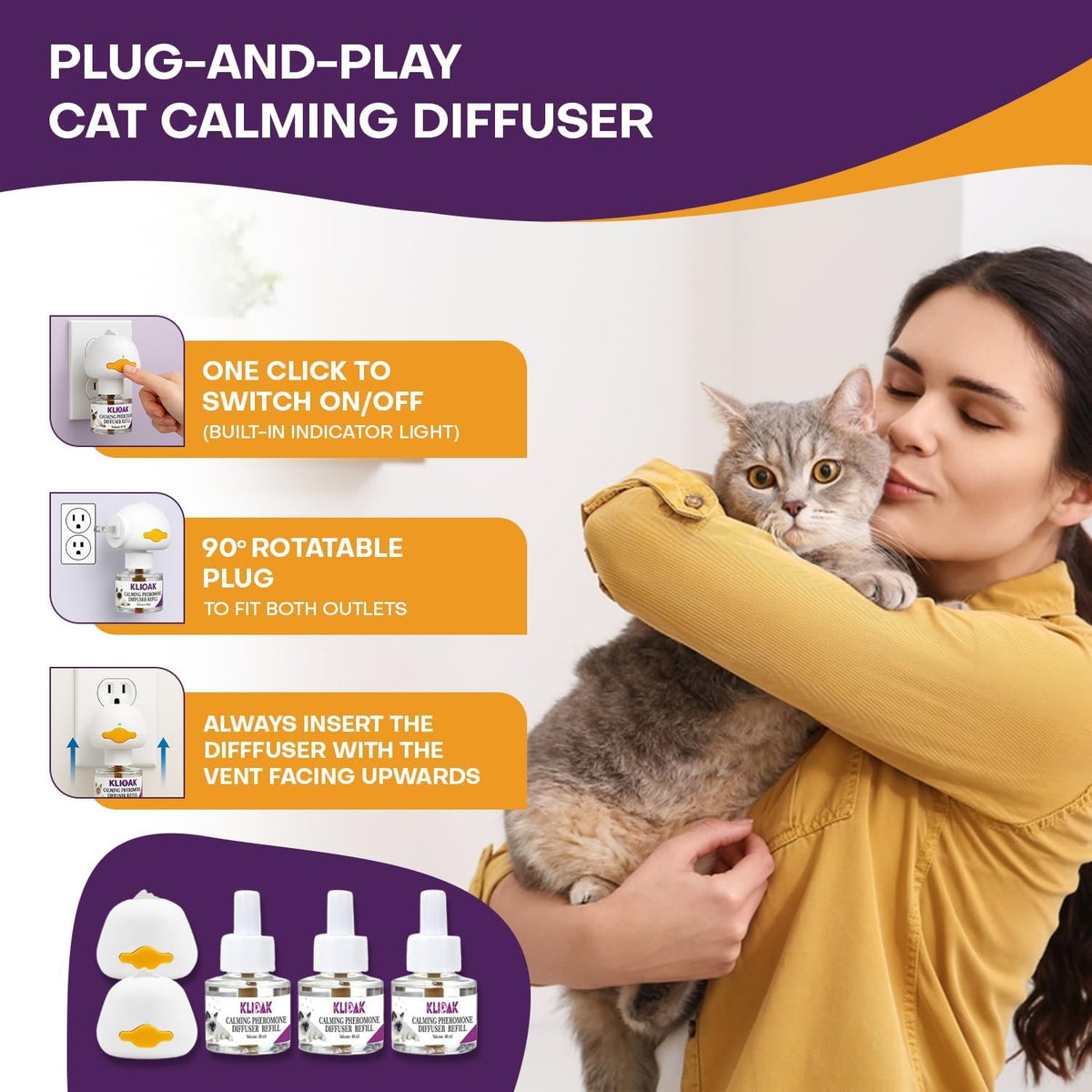 Cat Calming Diffuser Kit 2 Plug-In Diffusers & 3 Refills, Advanced Cat Pheromone Diffuser for Anxiety Relief Spraying, Scratching, Aggression & Fighting, Long-Lasting Solution for All Cats
