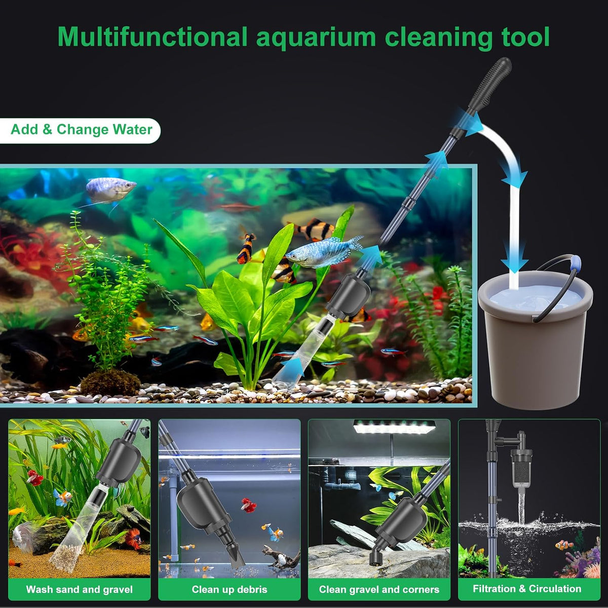 Electric Aquarium Gravel Cleaner with Strong Suction, Adjustable Water Flow, Auto Water Change & Sand Wash & Algae Remover, Low Water Level, 1.5M Hose & Telescopic Tube (36W, 580GPH)