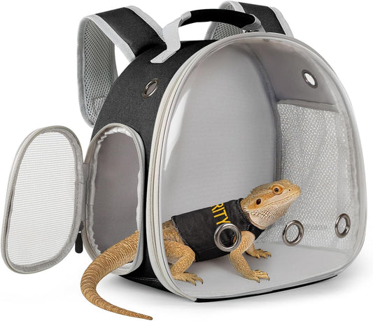 Bearded Dragon Carrier Backpack with Security Printing Harness Leash Set, Reptile Lizard Space Capsule Astronaut Clear Bubble Window Travel Carrier for Small Animal Guinea Pig(Black, Security Harness)