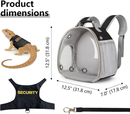 Bearded Dragon Carrier Backpack with Security Printing Harness Leash Set, Reptile Lizard Space Capsule Astronaut Clear Bubble Window Travel Carrier for Small Animal Guinea Pig(Black, Security Harness)