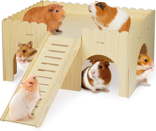 Large Guinea Pig Hideout, Upgraded Wooden Guinea Pig Castle with Guinea Pig Ramp, Easy to Assemble Guinea Pig House for Small Animal House Habitat or Hamster Hideout/Rabbit Hideout
