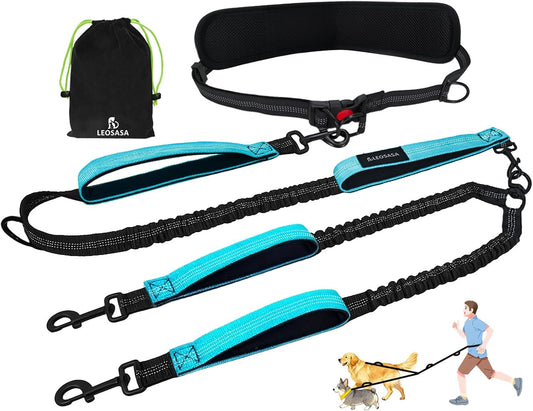 Hands Free Double Dog Leash for Two Dogs- No Tangle No Pull Dual Leash with Padded Adjustable Waist Belt & Reflective Stitching - Ideal for Running, Jogging, Hiking with Medium & Large Breeds