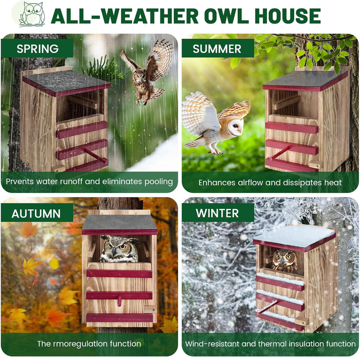 Wood Owl House, Waterproof Owl Nesting Box, Bird Houses for outside with Mounting Screws, Wooden Opening Owls Box for Barn, Screech Owls, Backyard Birding Supplies (Red, 8.5 X 7.4 X 13IN)