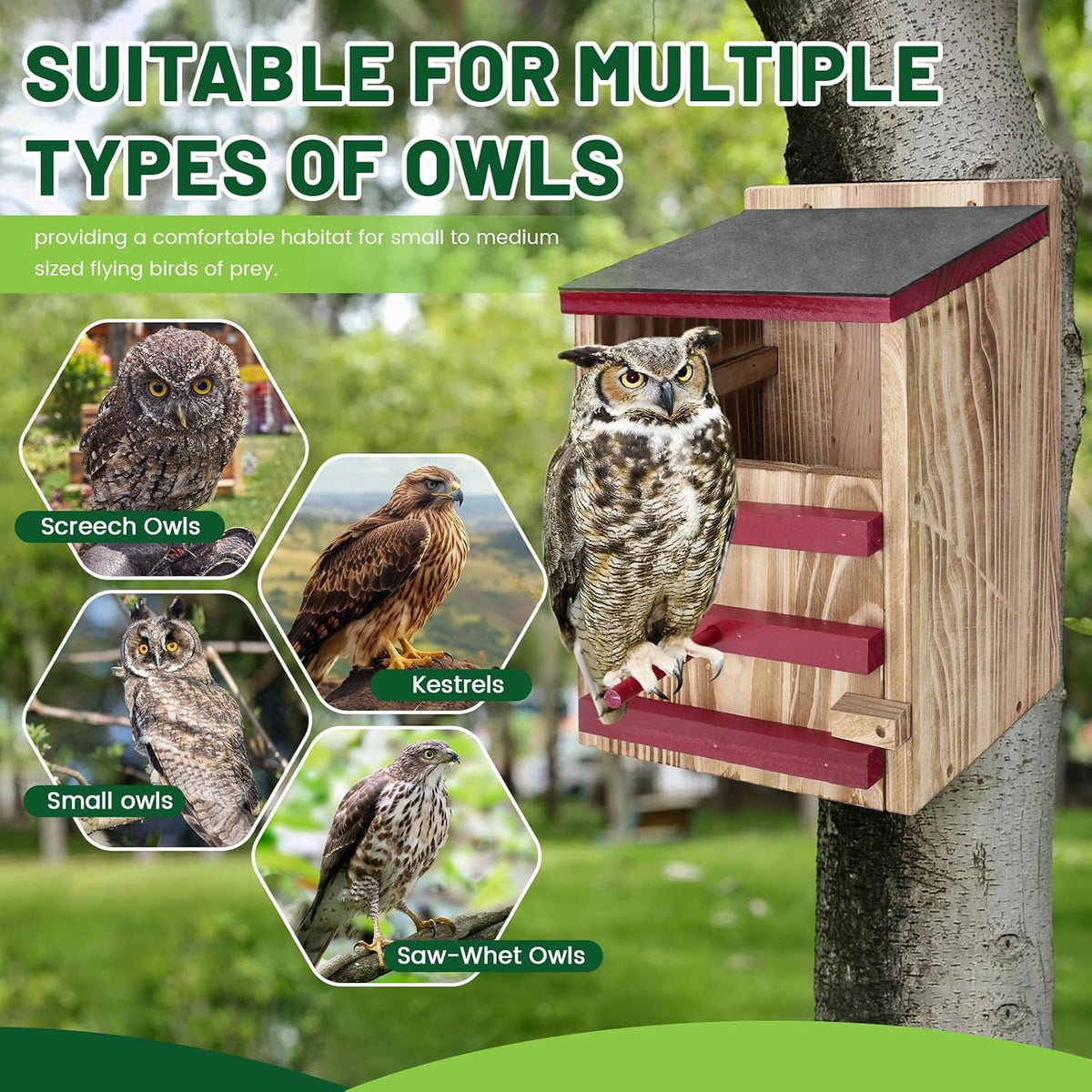 Wood Owl House, Waterproof Owl Nesting Box, Bird Houses for outside with Mounting Screws, Wooden Opening Owls Box for Barn, Screech Owls, Backyard Birding Supplies (Red, 8.5 X 7.4 X 13IN)