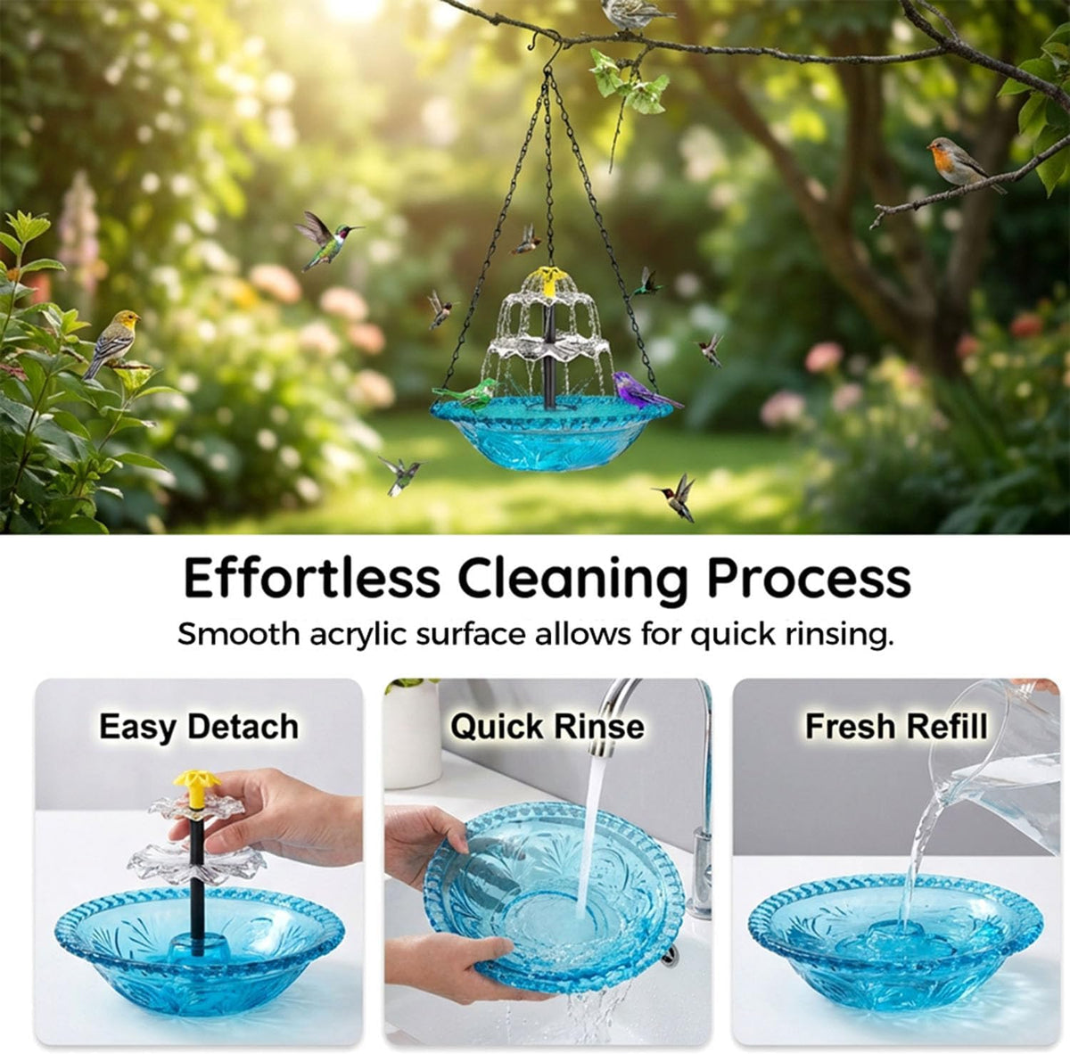 Solar Cascade Hanging Bird Bath Fountain for Hummingbird Garden Decor