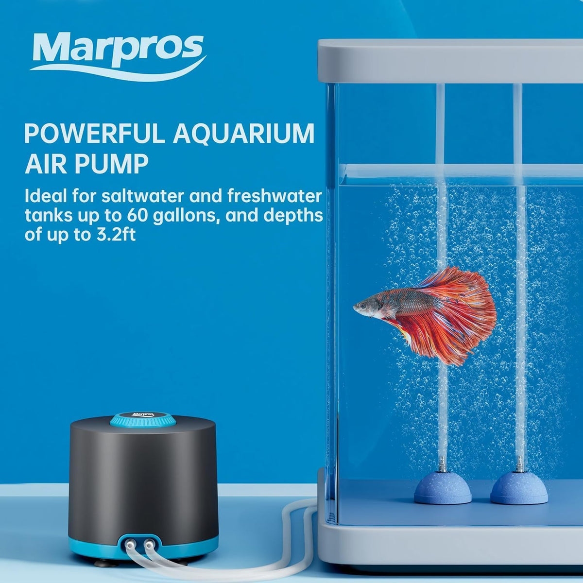Aquarium Air Pump with Adjustable Double Outlet Air Stone Bubbler for Fish Tank, Silent Fish Tank Aerator with Accessories, 3W/6W/10W for up to 250 Gallon Tank