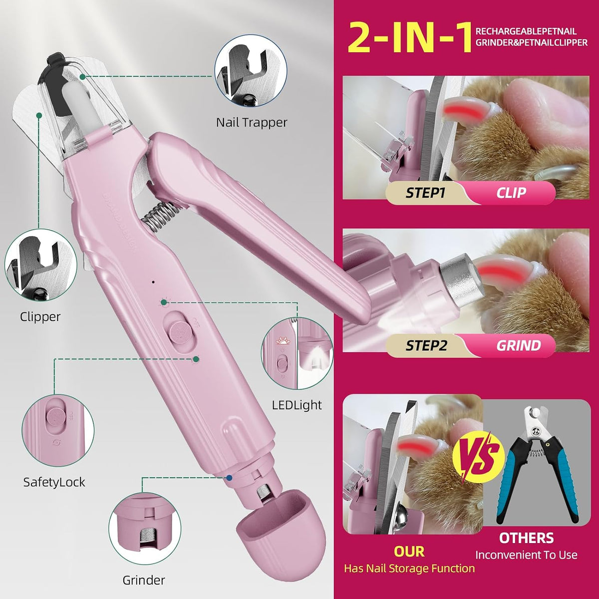 2 in 1 Dog & Cat Pets Nail Clippers and Grinder with Lights - Safety Guard to Avoid Overcutting,Professional Pet Nail Claw Trimmers, Professional Grooming Tools for Pets (Medium & Small Pet)，Pink