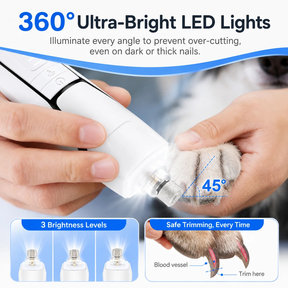 Dog Nail Grinder, 360° LED Light, 6-Speed, Quiet Electric Pet Nail Trimmer with 4 Grinding Ports for Small, Medium and Large Dogs & Cats