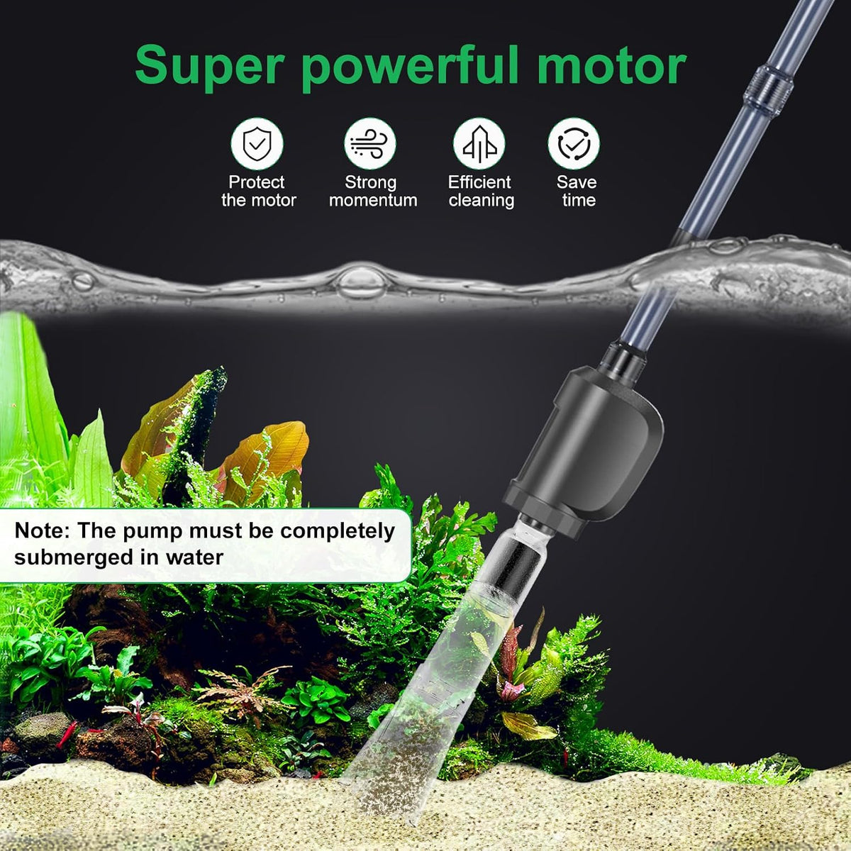 Electric Aquarium Gravel Cleaner with Strong Suction, Adjustable Water Flow, Auto Water Change & Sand Wash & Algae Remover, Low Water Level, 1.5M Hose & Telescopic Tube (36W, 580GPH)