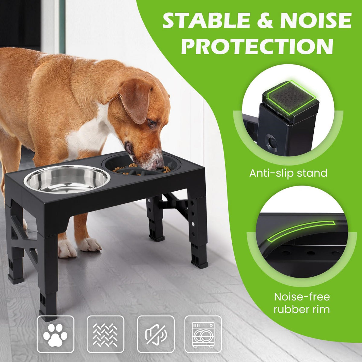 Elevated Dog Bowls - 5 Adjustable Heights Stand, 2 Stainless Steel Bowls & 1 Slow Feeder, 3.2" to 12.2" for Small to Large Dogs, Black
