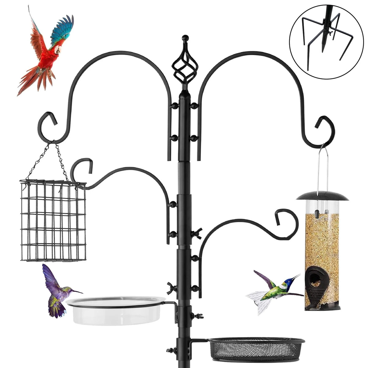 4-Hook Bird Feeding Station Bird Feeding Station Kit 92In Steel Tall Bird Feeder Poles with Bird Bath, Mesh Tray Suet Feeder