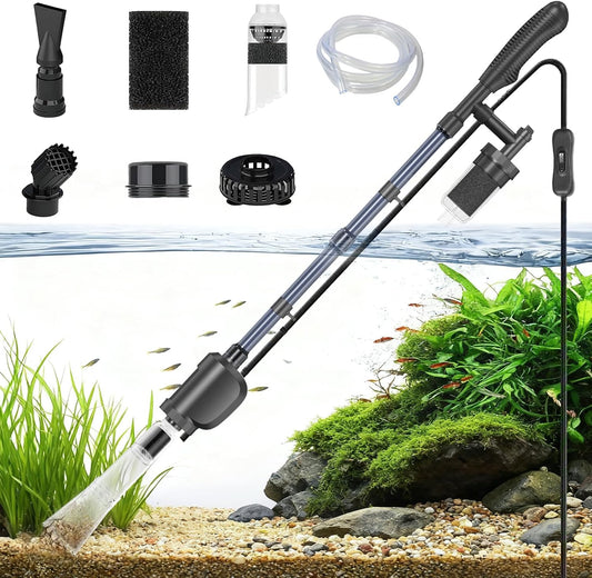 Electric Aquarium Gravel Cleaner with Strong Suction, Adjustable Water Flow, Auto Water Change & Sand Wash & Algae Remover, Low Water Level, 1.5M Hose & Telescopic Tube (36W, 580GPH)