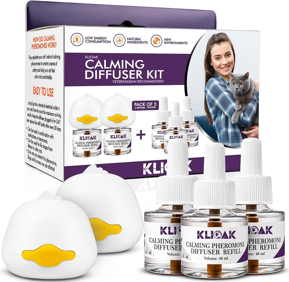Cat Calming Diffuser Kit 2 Plug-In Diffusers & 3 Refills, Advanced Cat Pheromone Diffuser for Anxiety Relief Spraying, Scratching, Aggression & Fighting, Long-Lasting Solution for All Cats