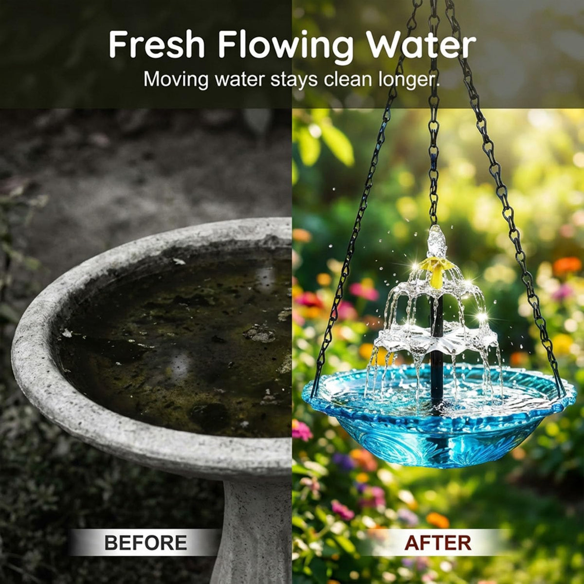 Solar Cascade Hanging Bird Bath Fountain for Hummingbird Garden Decor