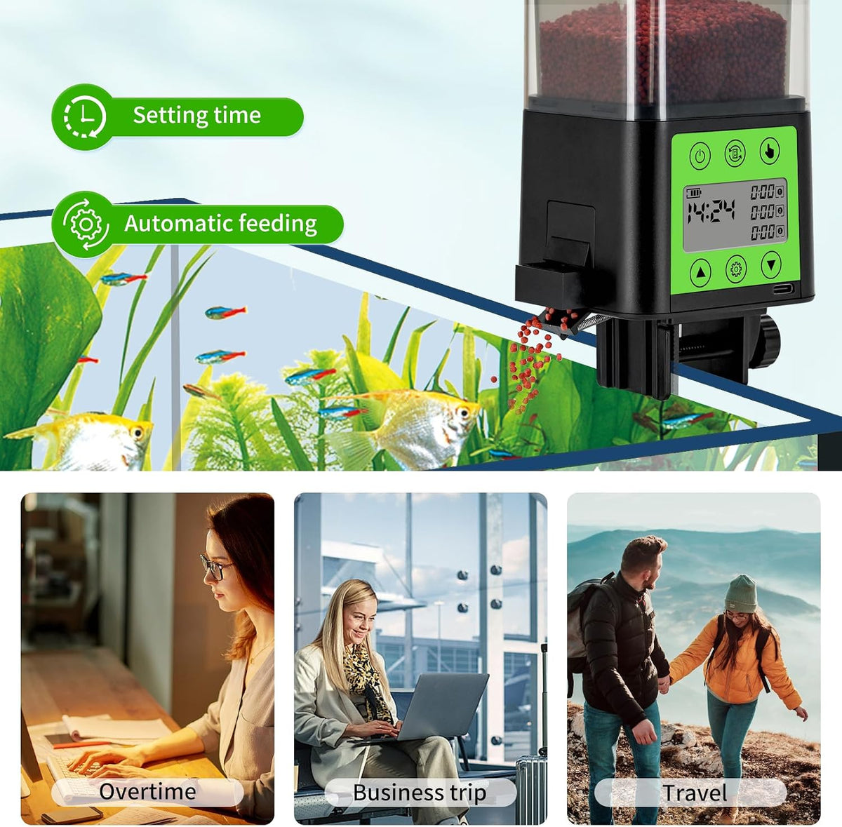 Automatic Fish Feeder for Aquarium with Timer, LCD Display 320ML Large Capacity Adjustable Fish Dispenser, Operated Feeders for Goldfish, Turtle for Vacation, Weekend or Daily Use(Green)