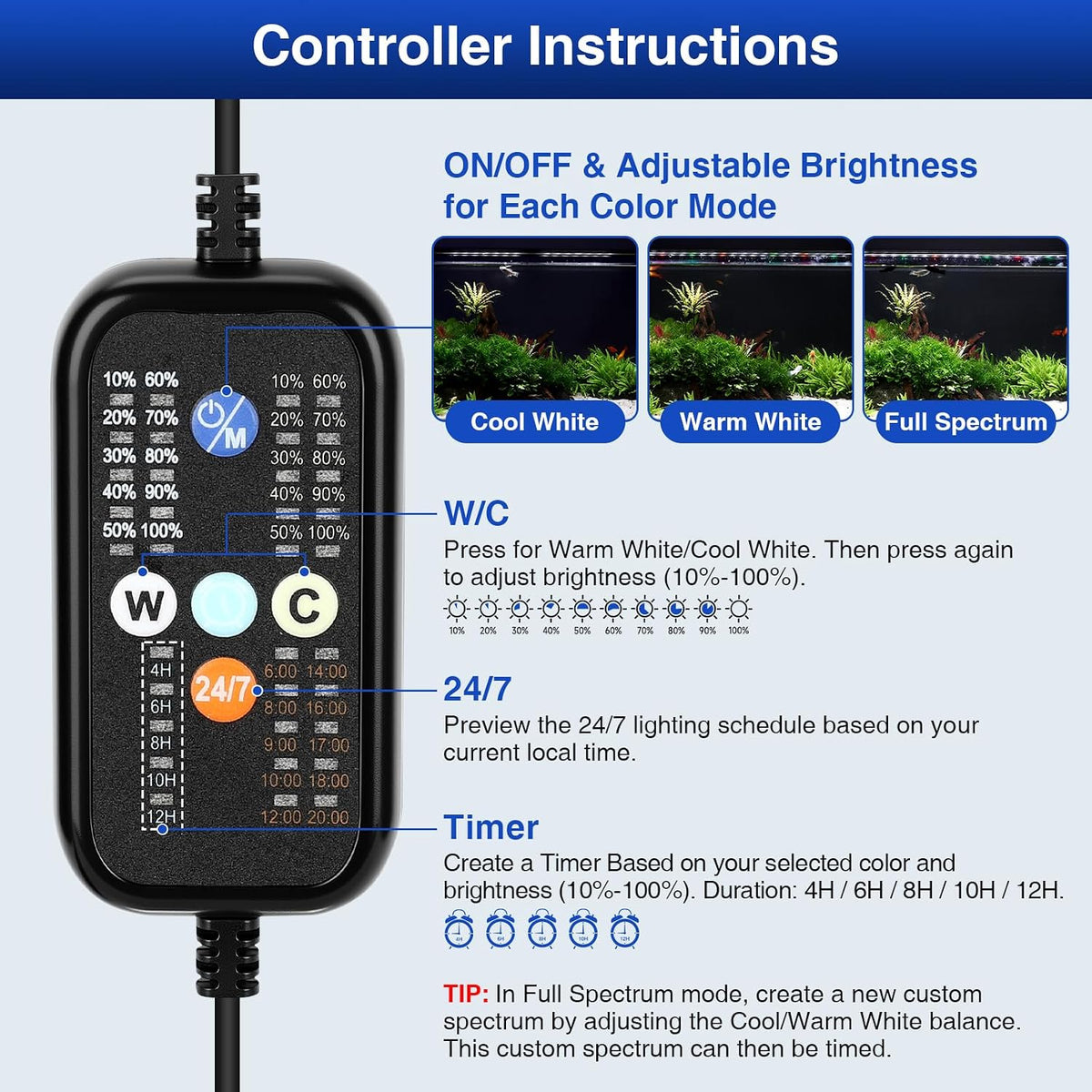 Aquarium Light, LED Fish Tank Lights with Auto Time Sync & 24/7