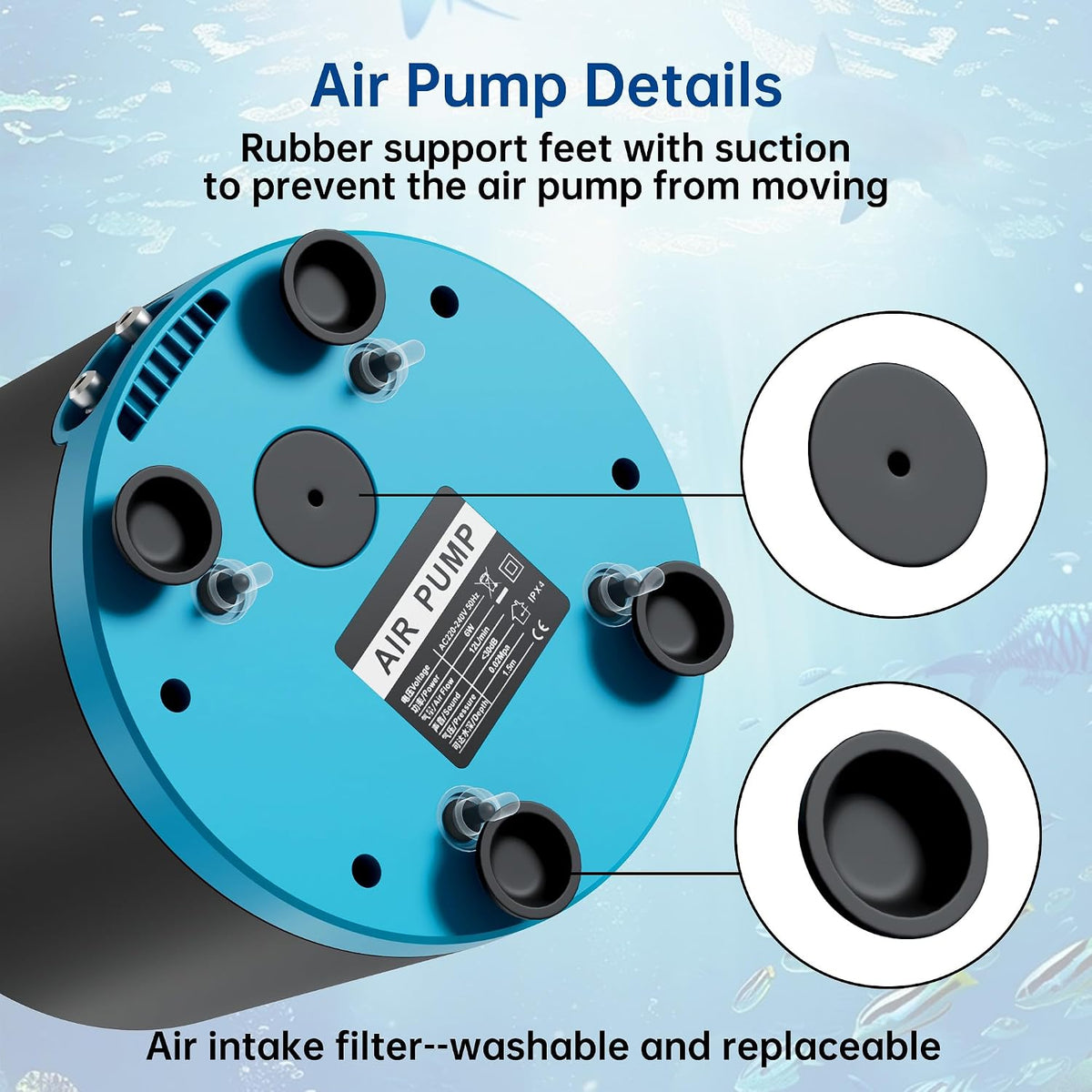 Aquarium Air Pump with Adjustable Double Outlet Air Stone Bubbler for Fish Tank, Silent Fish Tank Aerator with Accessories, 3W/6W/10W for up to 250 Gallon Tank