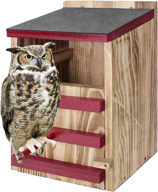Wood Owl House, Waterproof Owl Nesting Box, Bird Houses for outside with Mounting Screws, Wooden Opening Owls Box for Barn, Screech Owls, Backyard Birding Supplies (Red, 8.5 X 7.4 X 13IN)