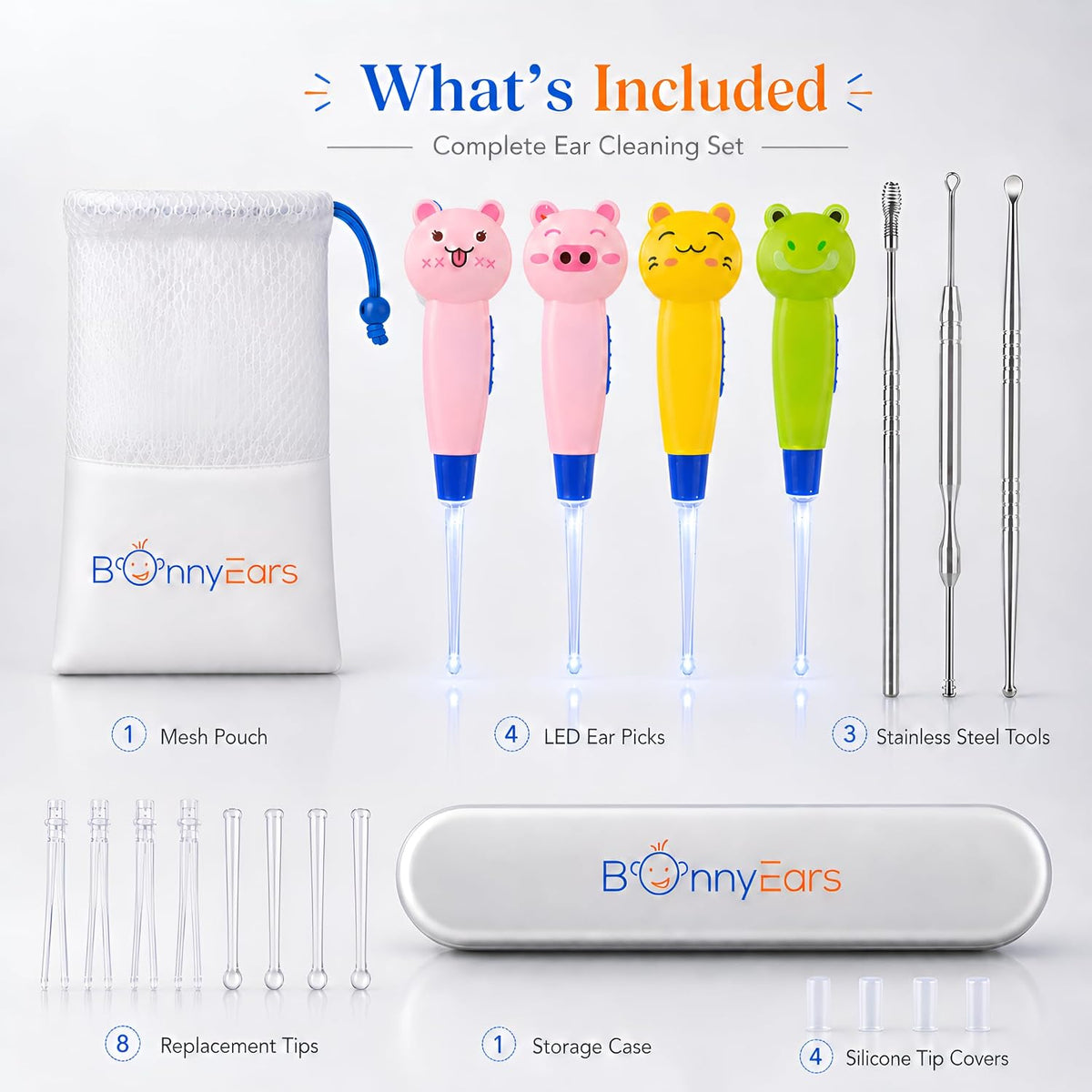 Ear Wax Removal Tool with Led Light for Kids - Toddlers, Infants, Baby and Adult by Bonnyears | Stainless Steel Earwax Remover Kit | Ear Pick Spoon Curette Tweezers Cleaning