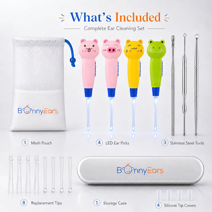 Ear Wax Removal Tool with Led Light for Kids - Toddlers, Infants, Baby and Adult by Bonnyears | Stainless Steel Earwax Remover Kit | Ear Pick Spoon Curette Tweezers Cleaning