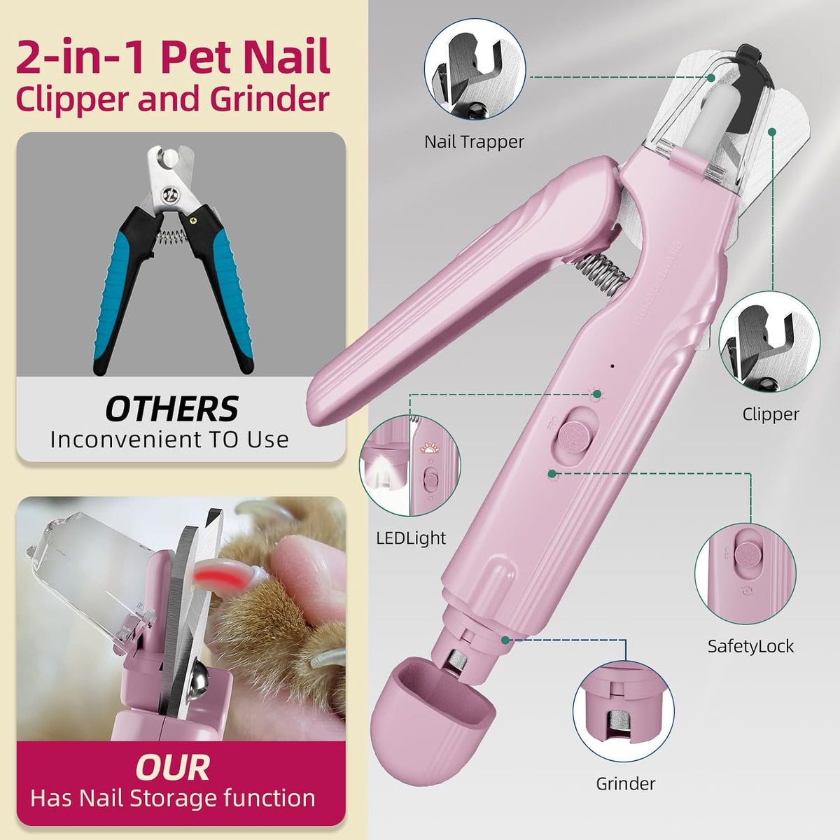 2 in 1 Dog & Cat Pets Nail Clippers and Grinder with Lights - Safety Guard to Avoid Overcutting,Professional Pet Nail Claw Trimmers, Professional Grooming Tools for Pets (Medium & Small Pet)，Pink
