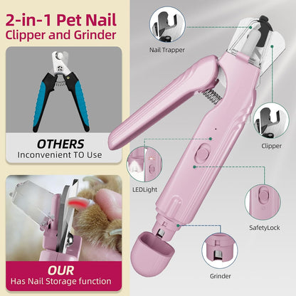 2 in 1 Dog & Cat Pets Nail Clippers and Grinder with Lights - Safety Guard to Avoid Overcutting,Professional Pet Nail Claw Trimmers, Professional Grooming Tools for Pets (Medium & Small Pet)，Pink
